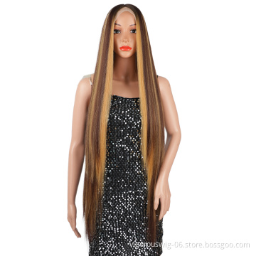 Vigorous 40 Inch Brown Colored Highlight Wig Glueless Lace Front Synthetic Hair Wigs Pre Plucked Straight Wig